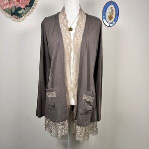 Lace Trim Neutral Long Cardigan